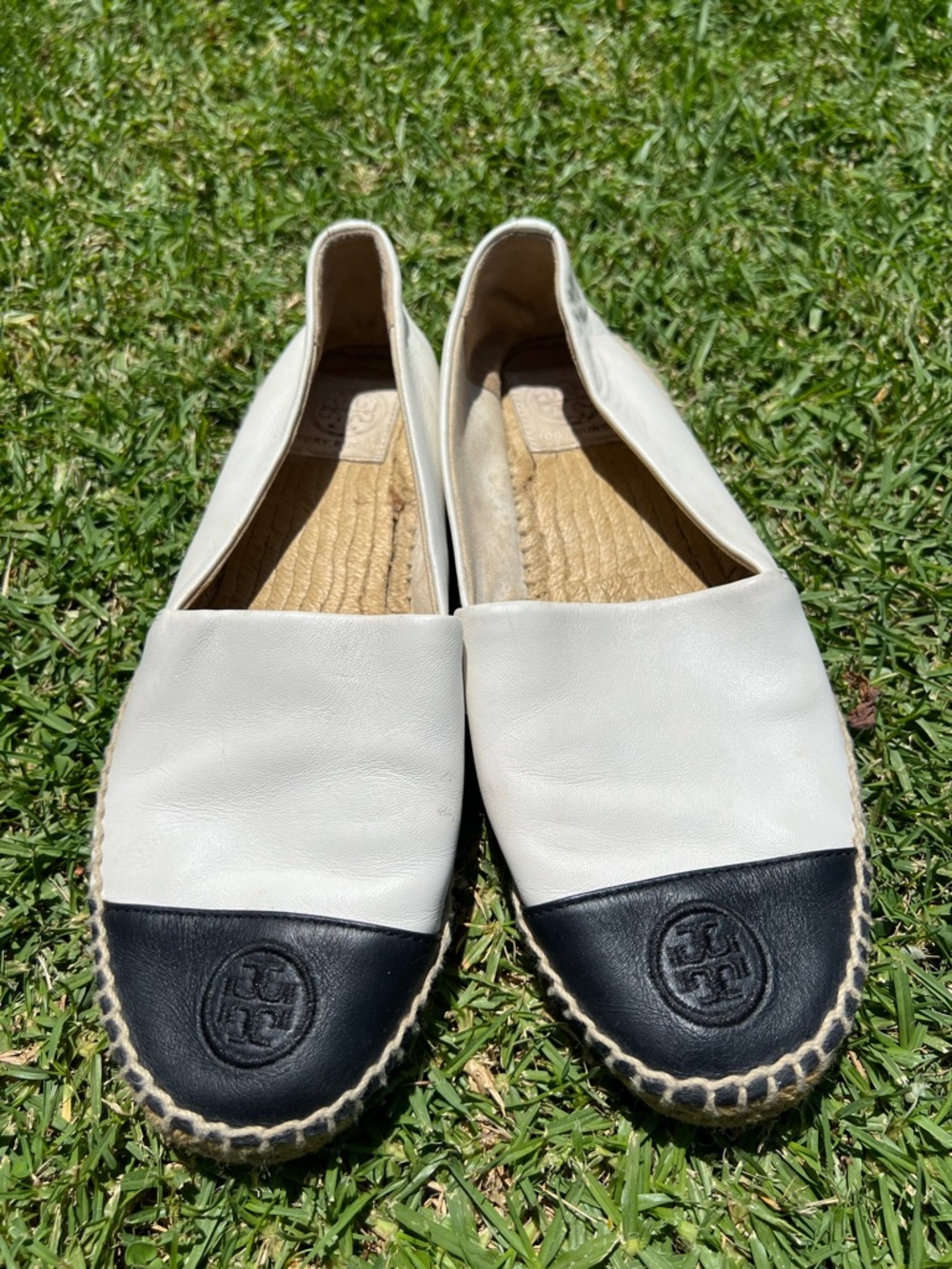 Tory Burch White and Black Leather Espadrille Flats